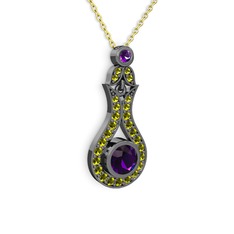 Ametist ve peridot 925 ayar siyah rodyum kaplama gümüş kolye (40 cm altın rolo zincir)