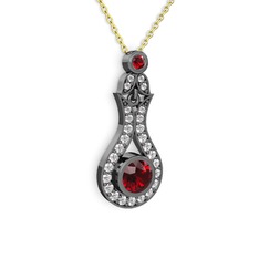 Lale Kolye - Garnet ve swarovski 925 ayar siyah rodyum kaplama gümüş kolye (40 cm gümüş rolo zincir) #ujt4sy