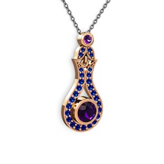 Ametist ve lab safir 8 ayar rose altın kolye (40 cm gümüş rolo zincir)