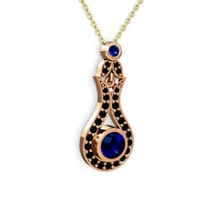 Lab safir ve siyah zirkon 925 ayar rose altın kaplama gümüş kolye (40 cm altın rolo zincir)