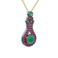 Kök zümrüt ve rodolit garnet 925 ayar siyah rodyum kaplama gümüş kolye (40 cm altın rolo zincir)