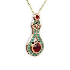 Garnet ve kök zümrüt 18 ayar rose altın kolye (40 cm altın rolo zincir)