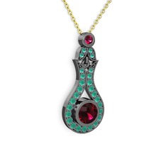 Rodolit garnet ve kök zümrüt 925 ayar siyah rodyum kaplama gümüş kolye (40 cm altın rolo zincir)