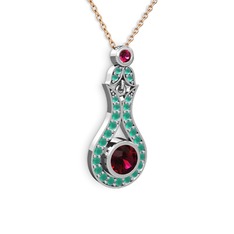 Rodolit garnet ve kök zümrüt 8 ayar beyaz altın kolye (40 cm rose altın rolo zincir)