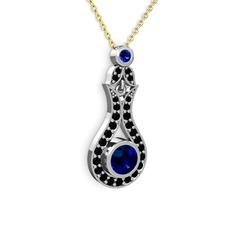 Lab safir ve siyah zirkon 14 ayar beyaz altın kolye (40 cm altın rolo zincir)