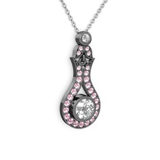 Beyaz zirkon ve pembe kuvars 925 ayar siyah rodyum kaplama gümüş kolye (40 cm gümüş rolo zincir)