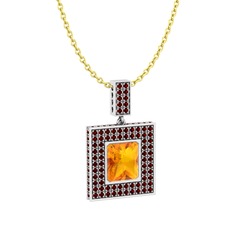 Sitrin ve garnet 8 ayar beyaz altın kolye (40 cm gümüş rolo zincir)