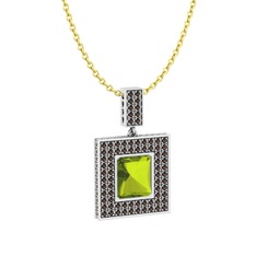 Peridot ve dumanlı kuvars 18 ayar beyaz altın kolye (40 cm gümüş rolo zincir)