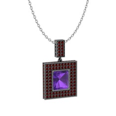 Albera Kolye - Ametist ve garnet 925 ayar siyah rodyum kaplama gümüş kolye (40 cm beyaz altın rolo zincir) #10r788b