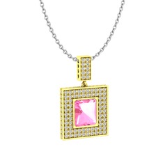 Pembe kuvars ve beyaz zirkon 14 ayar altın kolye (40 cm beyaz altın rolo zincir)