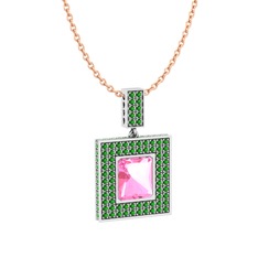 Albera Kolye - Pembe kuvars ve yeşil kuvars 18 ayar beyaz altın kolye (40 cm rose altın rolo zincir) #11tohzg