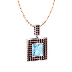 Albera Kolye - Akuamarin ve garnet 8 ayar beyaz altın kolye (40 cm rose altın rolo zincir) #12bc85z