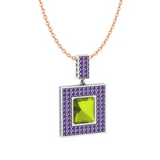 Albera Kolye - Peridot ve ametist 8 ayar beyaz altın kolye (40 cm rose altın rolo zincir) #12rclx