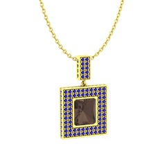 Dumanlı kuvars ve lab safir 18 ayar altın kolye (40 cm altın rolo zincir)