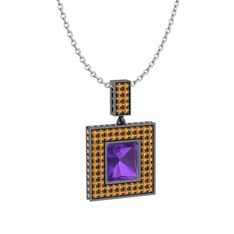 Albera Kolye - Ametist ve sitrin 925 ayar siyah rodyum kaplama gümüş kolye (40 cm beyaz altın rolo zincir) #13d2tow