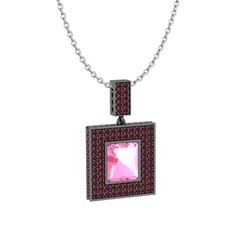 Albera Kolye - Pembe kuvars ve kök yakut 925 ayar siyah rodyum kaplama gümüş kolye (40 cm beyaz altın rolo zincir) #13i2le0