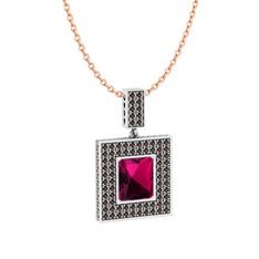 Albera Kolye - Rodolit garnet ve dumanlı kuvars 14 ayar beyaz altın kolye (40 cm rose altın rolo zincir) #14402n7