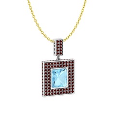 Akuamarin ve garnet 18 ayar beyaz altın kolye (40 cm altın rolo zincir)