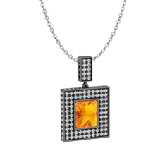 Albera Kolye - Sitrin ve swarovski 925 ayar siyah rodyum kaplama gümüş kolye (40 cm beyaz altın rolo zincir) #163dyu6