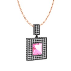 Pembe kuvars ve swarovski 925 ayar siyah rodyum kaplama gümüş kolye (40 cm rose altın rolo zincir)