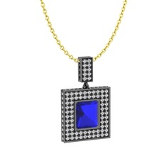 Lab safir ve beyaz zirkon 925 ayar siyah rodyum kaplama gümüş kolye (40 cm gümüş rolo zincir)