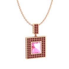 Albera Kolye - Pembe kuvars ve kök yakut 14 ayar rose altın kolye (40 cm rose altın rolo zincir) #17xcss