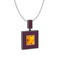Albera Kolye - Sitrin ve rodolit garnet 925 ayar siyah rodyum kaplama gümüş kolye (40 cm beyaz altın rolo zincir) #181y56