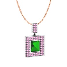 Albera Kolye - Yeşil kuvars ve pembe kuvars 18 ayar beyaz altın kolye (40 cm rose altın rolo zincir) #184p69p