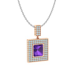 Ametist ve akuamarin 925 ayar rose altın kaplama gümüş kolye (40 cm beyaz altın rolo zincir)