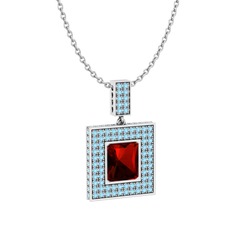 Albera Kolye - Garnet ve akuamarin 18 ayar beyaz altın kolye (40 cm beyaz altın rolo zincir) #19x0ipk
