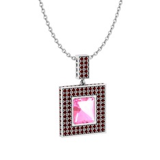 Pembe kuvars ve garnet 14 ayar beyaz altın kolye (40 cm beyaz altın rolo zincir)