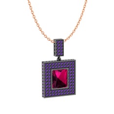 Rodolit garnet ve ametist 925 ayar siyah rodyum kaplama gümüş kolye (40 cm gümüş rolo zincir)