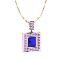 Lab safir ve pembe kuvars 925 ayar gümüş kolye (40 cm rose altın rolo zincir)