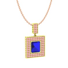 Lab safir ve pembe kuvars 8 ayar altın kolye (40 cm rose altın rolo zincir)