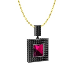 Rodolit garnet ve siyah zirkon 925 ayar siyah rodyum kaplama gümüş kolye (40 cm gümüş rolo zincir)