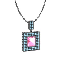 Albera Kolye - Pembe kuvars ve akuamarin 925 ayar siyah rodyum kaplama gümüş kolye (40 cm gümüş rolo zincir) #1dx1wov