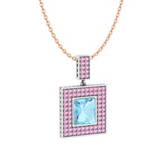 Akuamarin ve pembe kuvars 925 ayar gümüş kolye (40 cm rose altın rolo zincir)