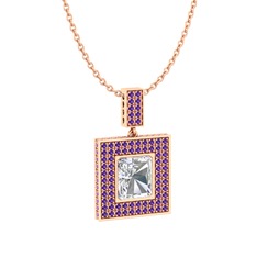 Swarovski ve ametist 18 ayar rose altın kolye (40 cm rose altın rolo zincir)