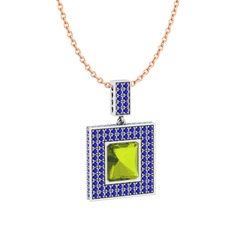 Peridot ve lab safir 18 ayar beyaz altın kolye (40 cm gümüş rolo zincir)