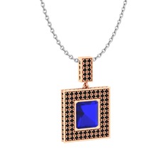 Lab safir ve siyah zirkon 8 ayar rose altın kolye (40 cm gümüş rolo zincir)