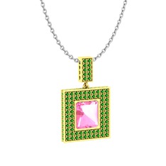 Pembe kuvars ve yeşil kuvars 925 ayar altın kaplama gümüş kolye (40 cm beyaz altın rolo zincir)