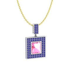 Pembe kuvars ve lab safir 18 ayar beyaz altın kolye (40 cm altın rolo zincir)