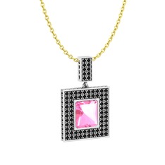 Albera Kolye - Pembe kuvars ve siyah zirkon 925 ayar gümüş kolye (40 cm altın rolo zincir) #1j9phrl