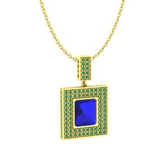 Lab safir ve kök zümrüt 18 ayar altın kolye (40 cm gümüş rolo zincir)