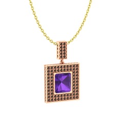 Ametist ve dumanlı kuvars 8 ayar rose altın kolye (40 cm altın rolo zincir)