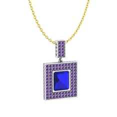 Lab safir ve ametist 18 ayar beyaz altın kolye (40 cm altın rolo zincir)