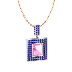 Pembe kuvars ve lab safir 8 ayar beyaz altın kolye (40 cm rose altın rolo zincir)