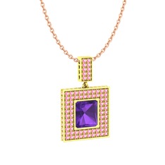 Albera Kolye - Ametist ve pembe kuvars 18 ayar altın kolye (40 cm rose altın rolo zincir) #1nm3sn1