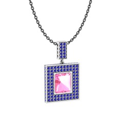 Pembe kuvars ve lab safir 925 ayar gümüş kolye (40 cm gümüş rolo zincir)