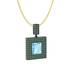 Albera Kolye - Akuamarin ve kök zümrüt 925 ayar siyah rodyum kaplama gümüş kolye (40 cm altın rolo zincir) #1se2ifz